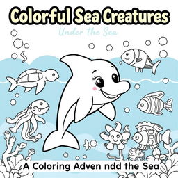 A playful and engaging coloring book cover featuring a variety of outlined sea animals