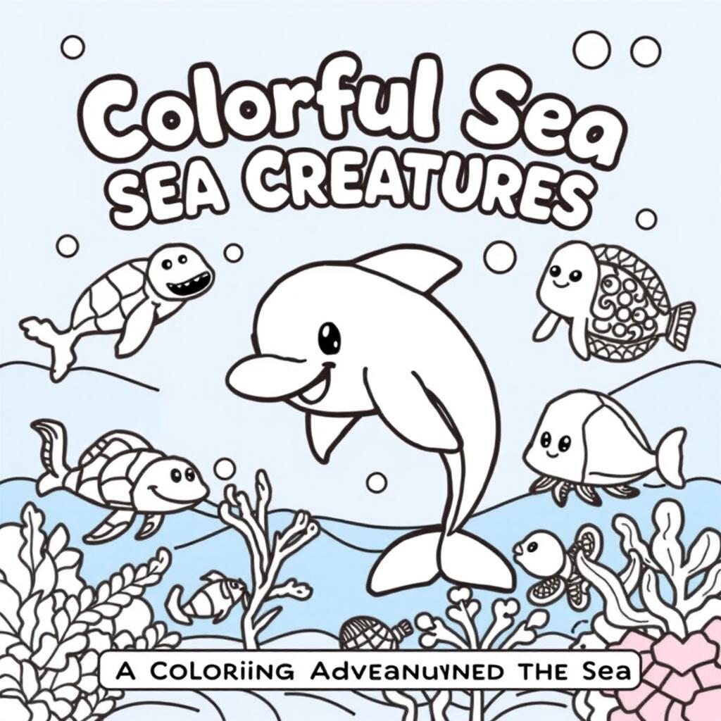 A playful and engaging coloring book cover featuring a variety of outlined sea animals