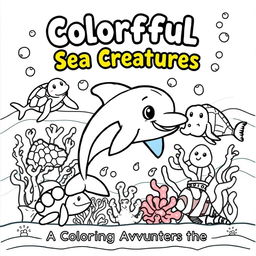 A playful and engaging coloring book cover featuring a variety of outlined sea animals