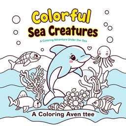 A playful and engaging coloring book cover featuring a variety of outlined sea animals