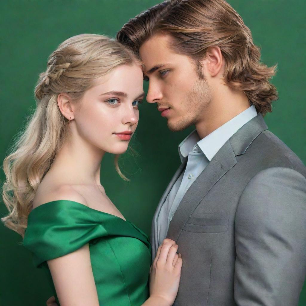 Enhance the previous digital illustration: the 21-year-old blonde girl in a green off-the-shoulder dress stares at the 22-year-old boy in a grey suit and a mullet, both holding hands on the cover of a 2D digital art romance novel.