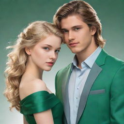 Enhance the previous digital illustration: the 21-year-old blonde girl in a green off-the-shoulder dress stares at the 22-year-old boy in a grey suit and a mullet, both holding hands on the cover of a 2D digital art romance novel.