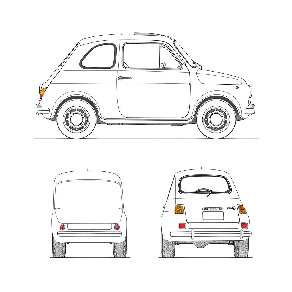 A drawing of a Fiat 127 with a slightly modified design, featuring all four views: left side, top view, front view, and rear view