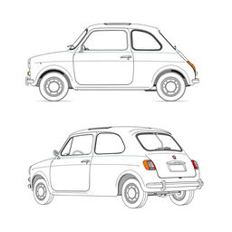 A drawing of a Fiat 127 with a slightly modified design, featuring all four views: left side, top view, front view, and rear view