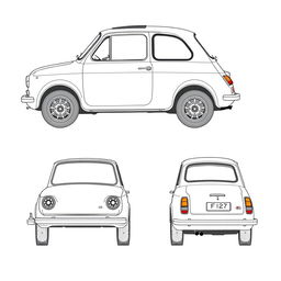 A drawing of a Fiat 127 with a slightly modified design, featuring all four views: left side, top view, front view, and rear view