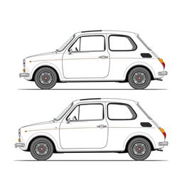 A drawing of a Fiat 127 with a slightly modified design, featuring all four views: left side, top view, front view, and rear view