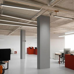 An expansive hall renovated into a modern office space featuring multiple computer setups, a mounted 65-inch television, and creatively incorporating a pillar in the design.