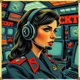 A vintage pulp art style inspired by Robert McGinnis featuring a beautiful Russian girl with a headset, dressed in a uniform with a CCCP logo