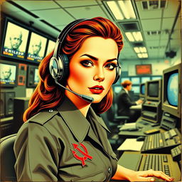 A vintage pulp art style inspired by Robert McGinnis featuring a beautiful Russian girl with a headset, dressed in a uniform with a CCCP logo