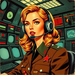 A vintage pulp art style inspired by Robert McGinnis featuring a beautiful Russian girl with a headset, dressed in a uniform with a CCCP logo