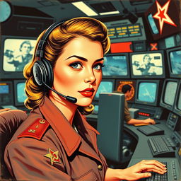 A vintage pulp art style inspired by Robert McGinnis featuring a beautiful Russian girl with a headset, dressed in a uniform with a CCCP logo