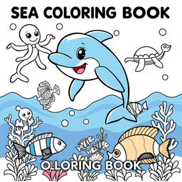 A playful and engaging cover for a sea animals coloring book featuring a variety of outlined sea creatures