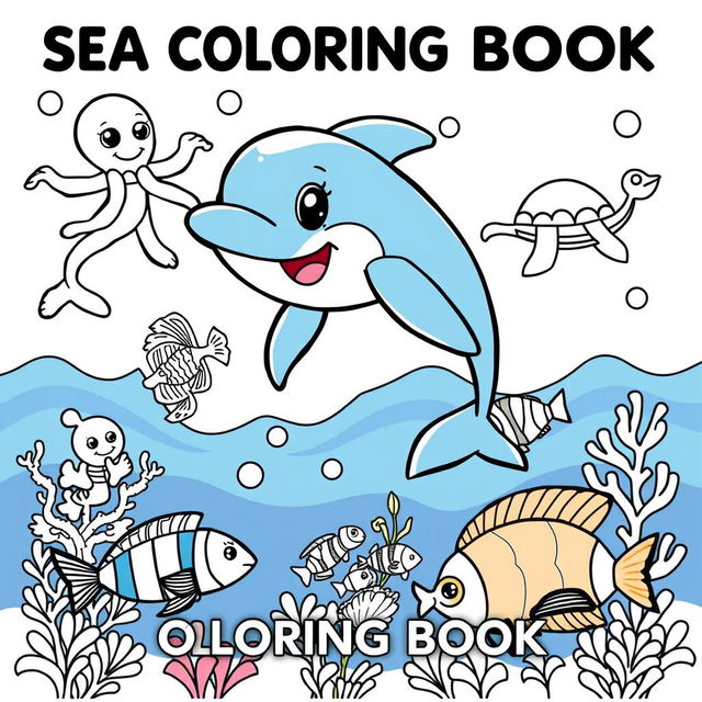 A playful and engaging cover for a sea animals coloring book featuring a variety of outlined sea creatures