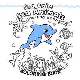 A playful and engaging cover for a sea animals coloring book featuring a variety of outlined sea creatures