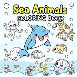 A playful and engaging cover for a sea animals coloring book featuring a variety of outlined sea creatures