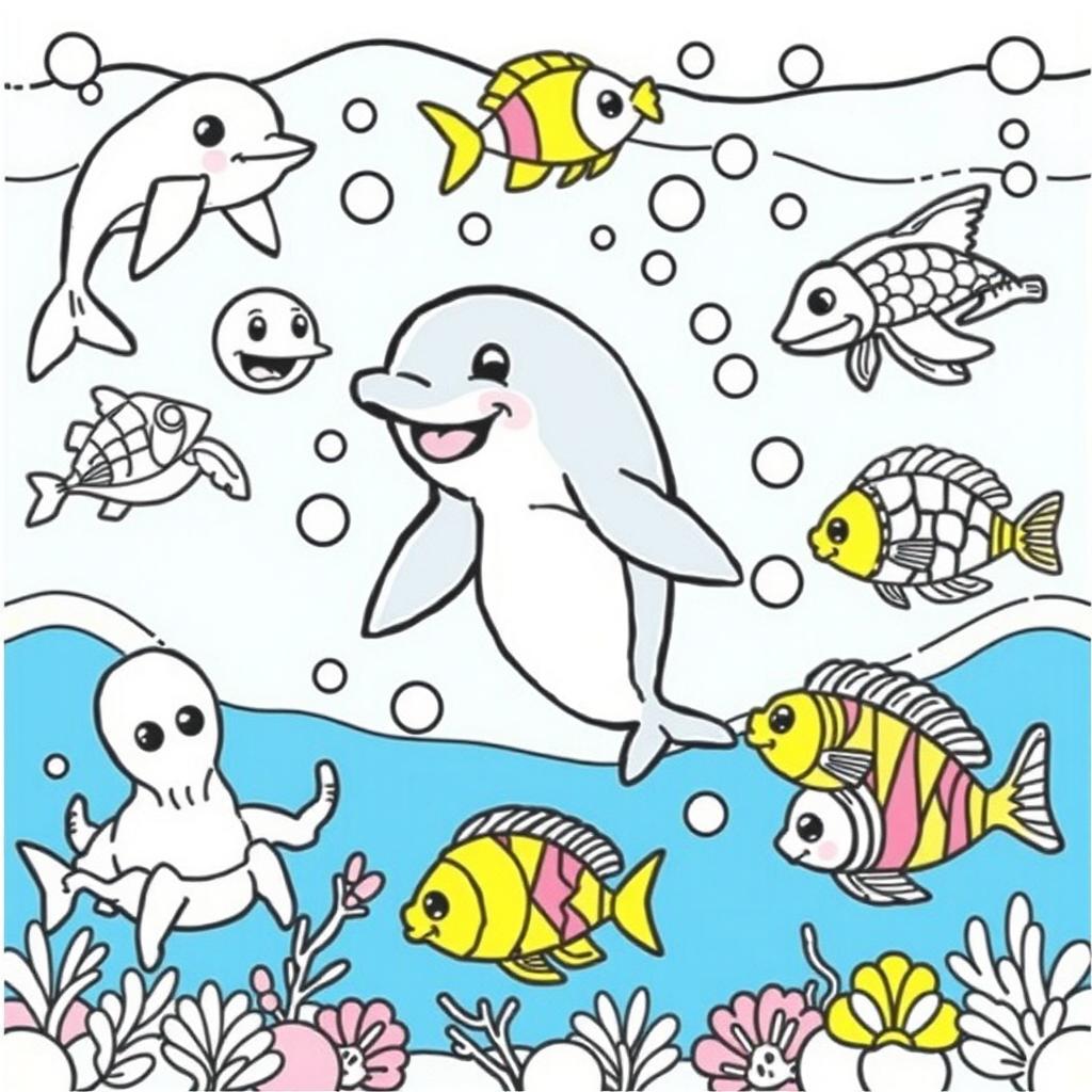 A delightful and engaging coloring book cover featuring a variety of outlined sea animals