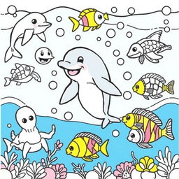 A delightful and engaging coloring book cover featuring a variety of outlined sea animals