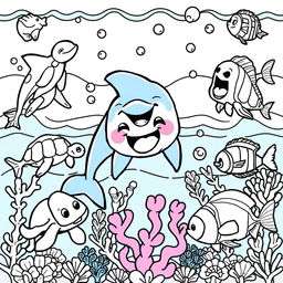 A delightful and engaging coloring book cover featuring a variety of outlined sea animals