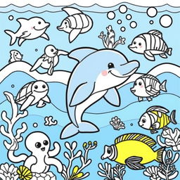 A delightful and engaging coloring book cover featuring a variety of outlined sea animals