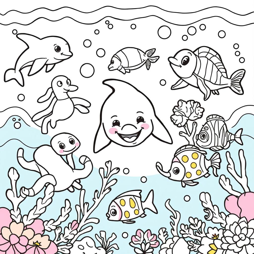 A delightful and engaging coloring book cover featuring a variety of outlined sea animals