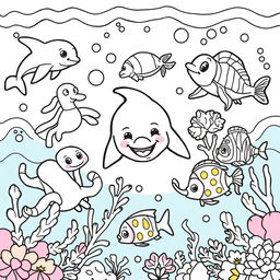 A delightful and engaging coloring book cover featuring a variety of outlined sea animals