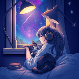 A Lofli girl lying intimately beneath a study lamp, wearing headphones beside a side window at night