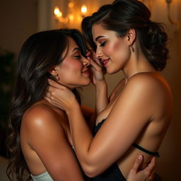 Two beautiful women having a sensual and intimate moment in an elegant, softly lit setting