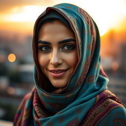 A stunningly beautiful Muslim woman with captivating eyes, wearing a vibrant and elegant hijab