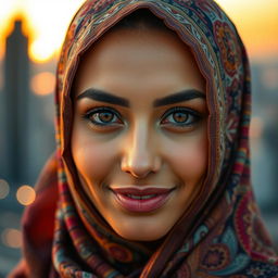 A stunningly beautiful Muslim woman with captivating eyes, wearing a vibrant and elegant hijab