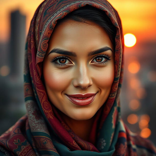 A stunningly beautiful Muslim woman with captivating eyes, wearing a vibrant and elegant hijab