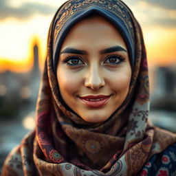 A stunningly beautiful Muslim woman with captivating eyes, wearing a vibrant and elegant hijab