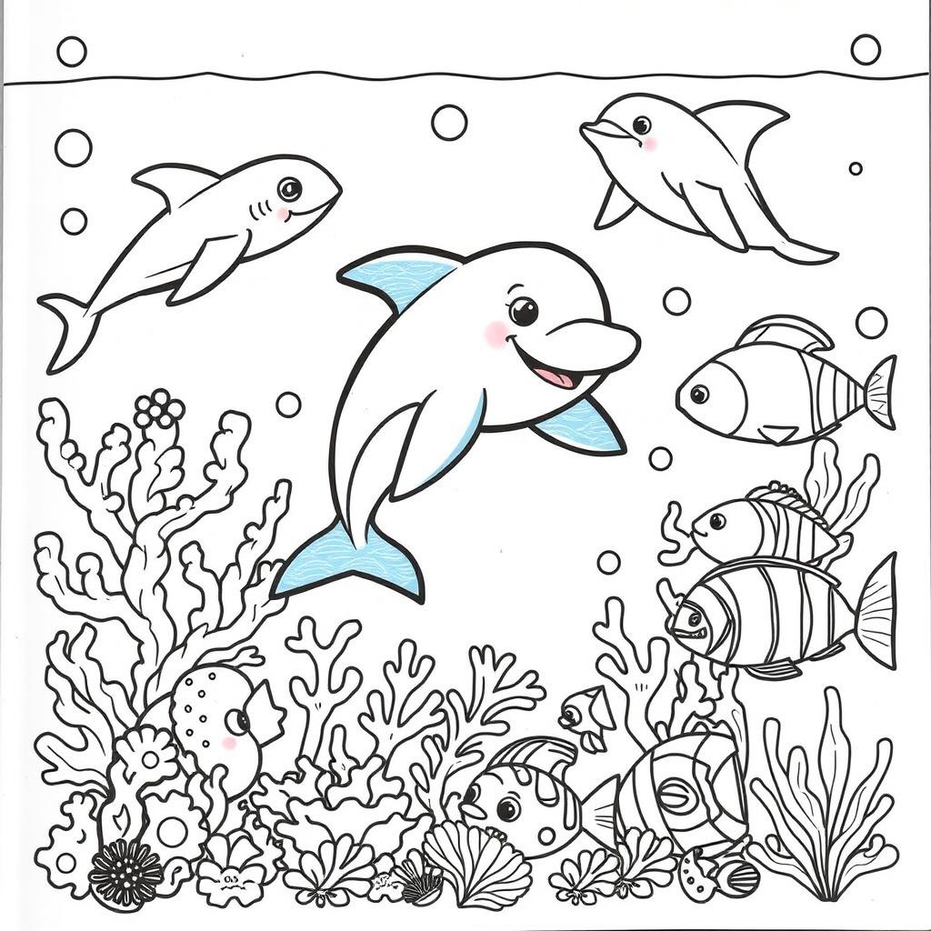 A vibrant and engaging coloring book cover featuring a collection of outlined sea animals