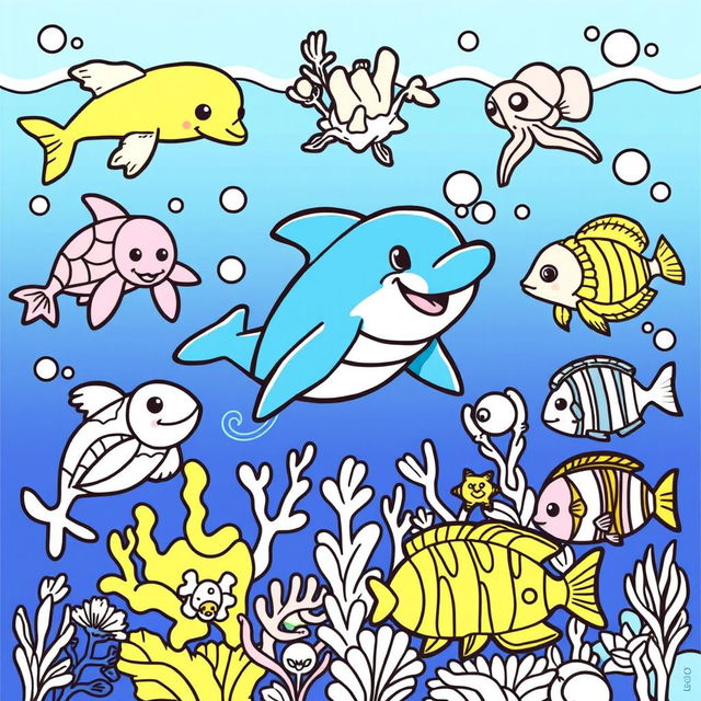 A vibrant and engaging coloring book cover featuring a collection of outlined sea animals