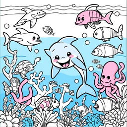 A vibrant and engaging coloring book cover featuring a collection of outlined sea animals