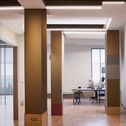 An expansive hall renovated into a modern office space featuring multiple computer setups, a mounted 65-inch television, and creatively incorporating a pillar in the design.