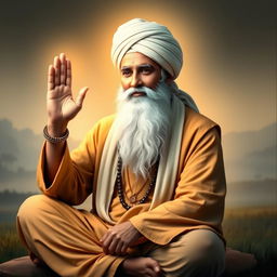 A serene and spiritual portrait of Guru Nanak Dev Ji, the founder of Sikhism, with a calm and wise expression