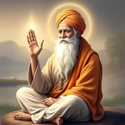 A serene and spiritual portrait of Guru Nanak Dev Ji, the founder of Sikhism, with a calm and wise expression