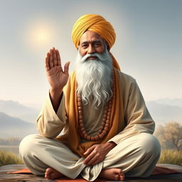 A serene and spiritual portrait of Guru Nanak Dev Ji, the founder of Sikhism, with a calm and wise expression