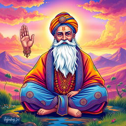 A vibrant and colorful illustration of Guru Nanak Dev Ji, the founder of Sikhism, depicted with a calm and wise expression