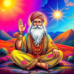 A vibrant and colorful illustration of Guru Nanak Dev Ji, the founder of Sikhism, depicted with a calm and wise expression