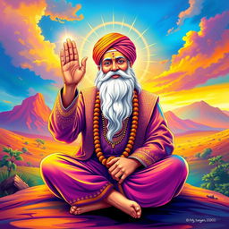 A vibrant and colorful illustration of Guru Nanak Dev Ji, the founder of Sikhism, depicted with a calm and wise expression