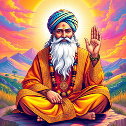 A vibrant and colorful illustration of Guru Nanak Dev Ji, the founder of Sikhism, depicted with a calm and wise expression