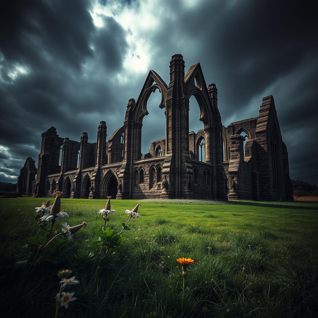 A dramatic and atmospheric depiction of Whitby Abbey, set against a moody and cloudy sky