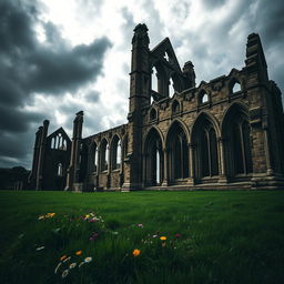 A dramatic and atmospheric depiction of Whitby Abbey, set against a moody and cloudy sky