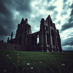 A dramatic and atmospheric depiction of Whitby Abbey, set against a moody and cloudy sky