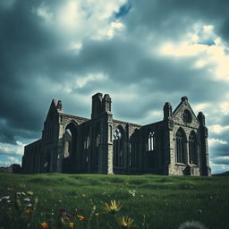 A dramatic and atmospheric depiction of Whitby Abbey, set against a moody and cloudy sky