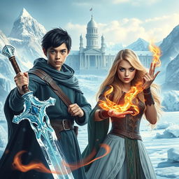A fantasy ice landscape featuring majestic mountains and a grand castle in the background
