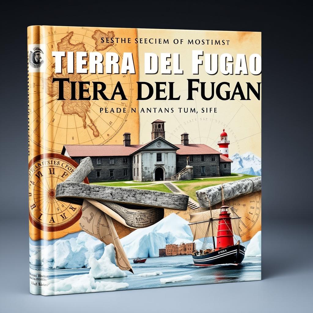 A captivating book cover for a museum in Tierra del Fuego, featuring a collage that artfully combines imagery of the former prison with an ancient navigation illustration and the icy landscape of Antarctica