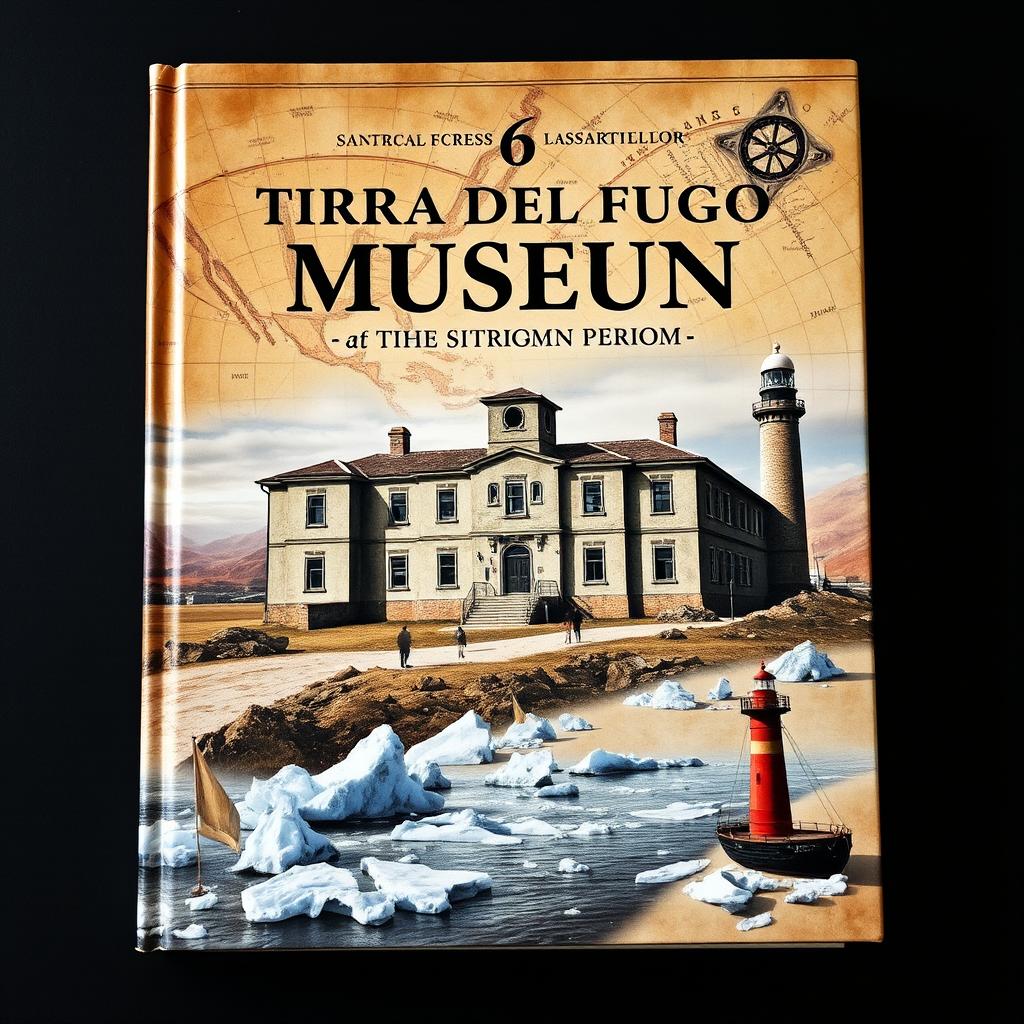 A captivating book cover for a museum in Tierra del Fuego, featuring a collage that artfully combines imagery of the former prison with an ancient navigation illustration and the icy landscape of Antarctica