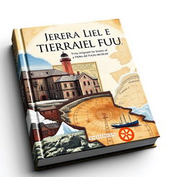 A captivating book cover for a museum in Tierra del Fuego, featuring a collage that artfully combines imagery of the former prison with an ancient navigation illustration and the icy landscape of Antarctica